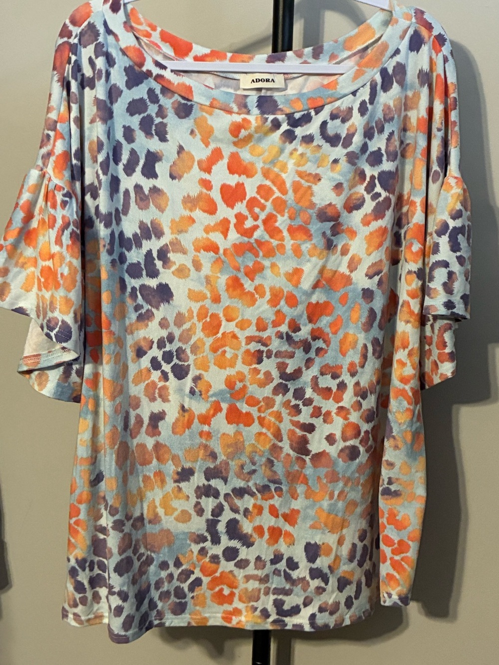 Adora 2X Women's Short Sleeve Animal Print Top in Orange & Purple